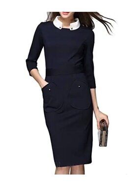 Misslook Stand Collar Navy Midi Dress With White Collar & Pockets Size 8 Wednesd